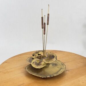 Vintage MCM Brutalist Brass/ Bronze Cattail & Frog On A  Lilypad Sculpture